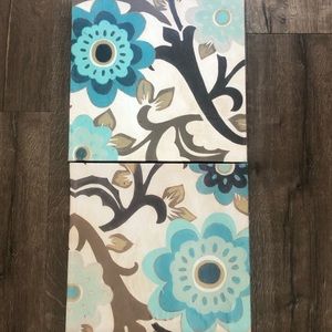 Set of 2 Teal & Brown Floral Wrapped Canvas